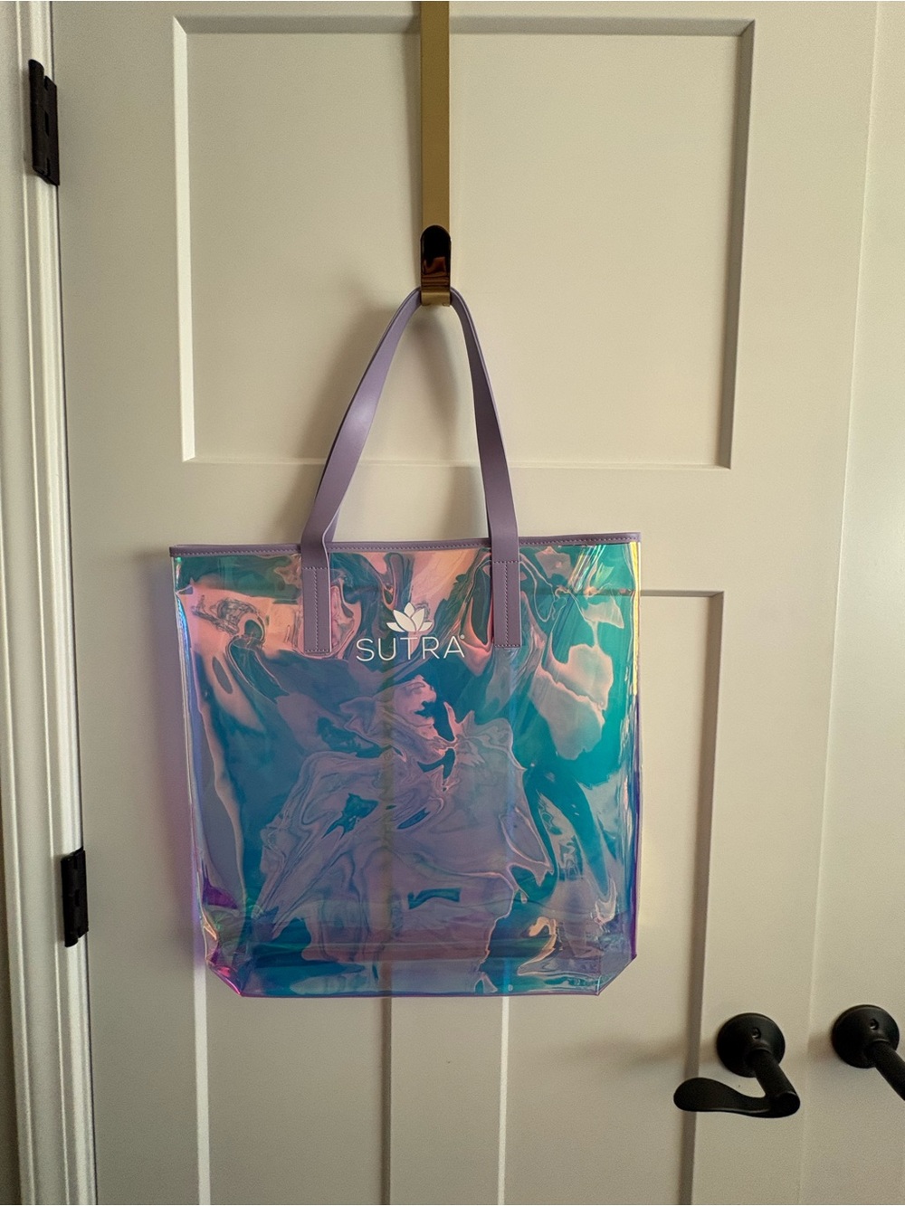 Sutra Iridescent Clear Vinyl Tote Bag with light purple Handles Beach Travel Bag